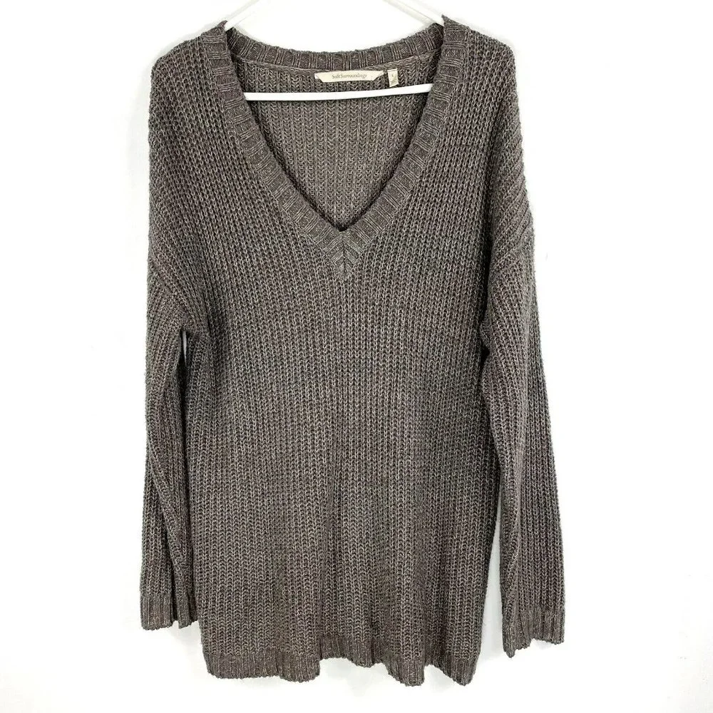 SOFT SURROUNDINGS Sweater Size Large Brown V-Neck Open Knit Oversized Boyfriend